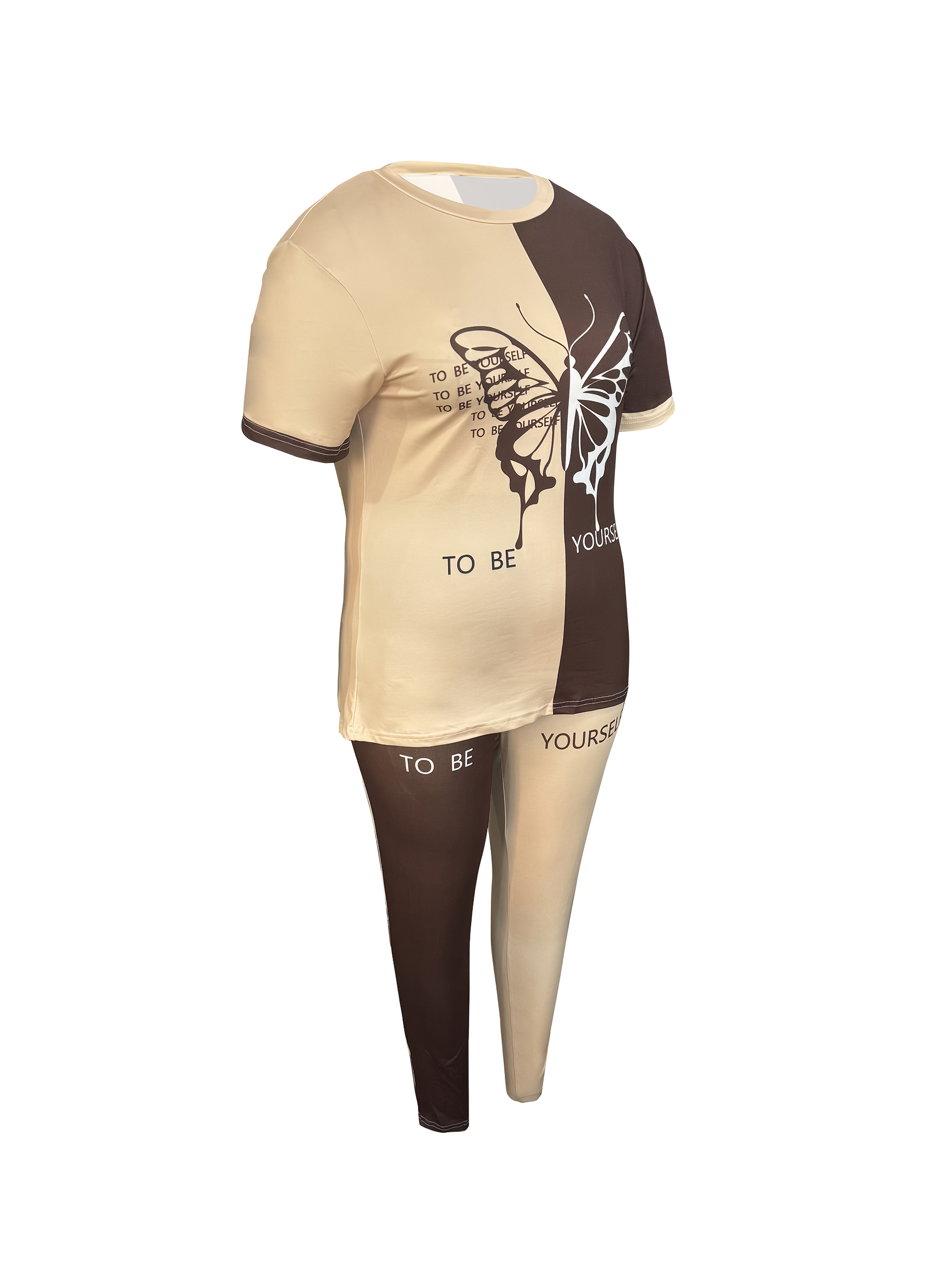 Empower Your Style: Plus Size Vibrant Color Block & Butterfly Print Outfit - Comfy Short Sleeve Tee with Pocket Skinny Pants Set for Women